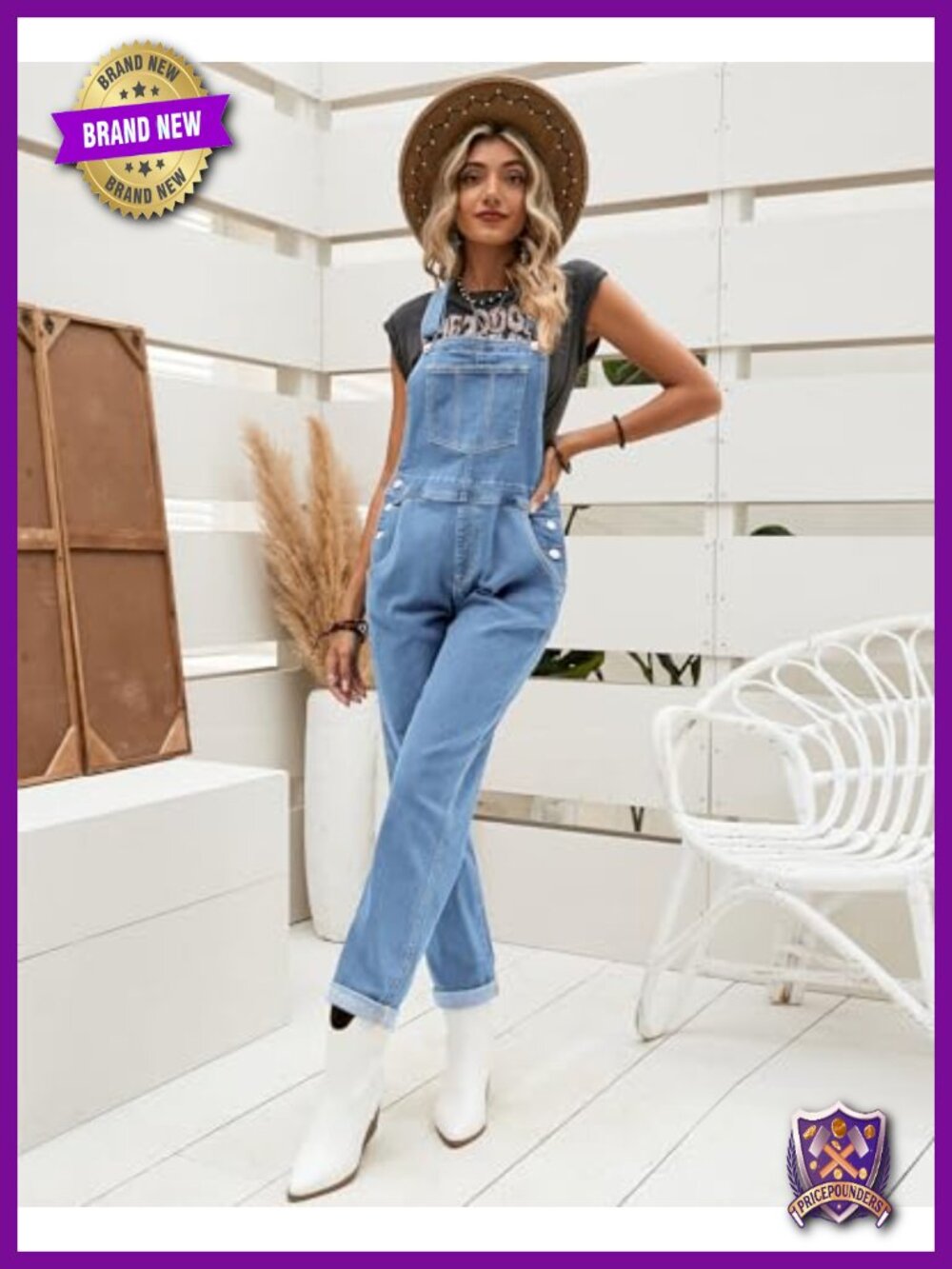 Stretch Denim Bib Overalls Adjustable Straps Cuffed Hem Casual - Picture 5 of 6